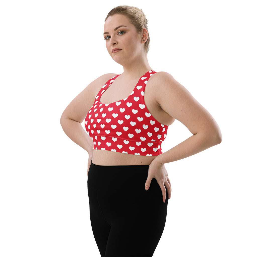Women’s valentine’s day red longline sports bra with white heart pattern buttery soft recycled fabric