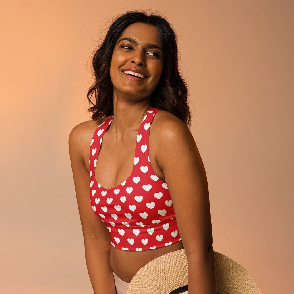 Women’s valentine’s day red halter neck crop top with white hearts buttery soft recycled fabric and high support