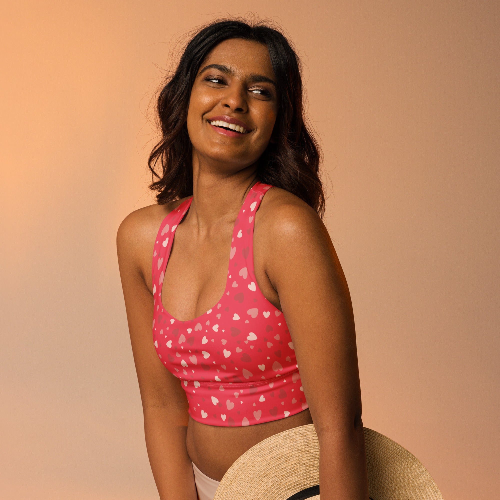 Women’s valentine’s day pink heart crop top sports bra with buttery soft recycled fabric high intensity support