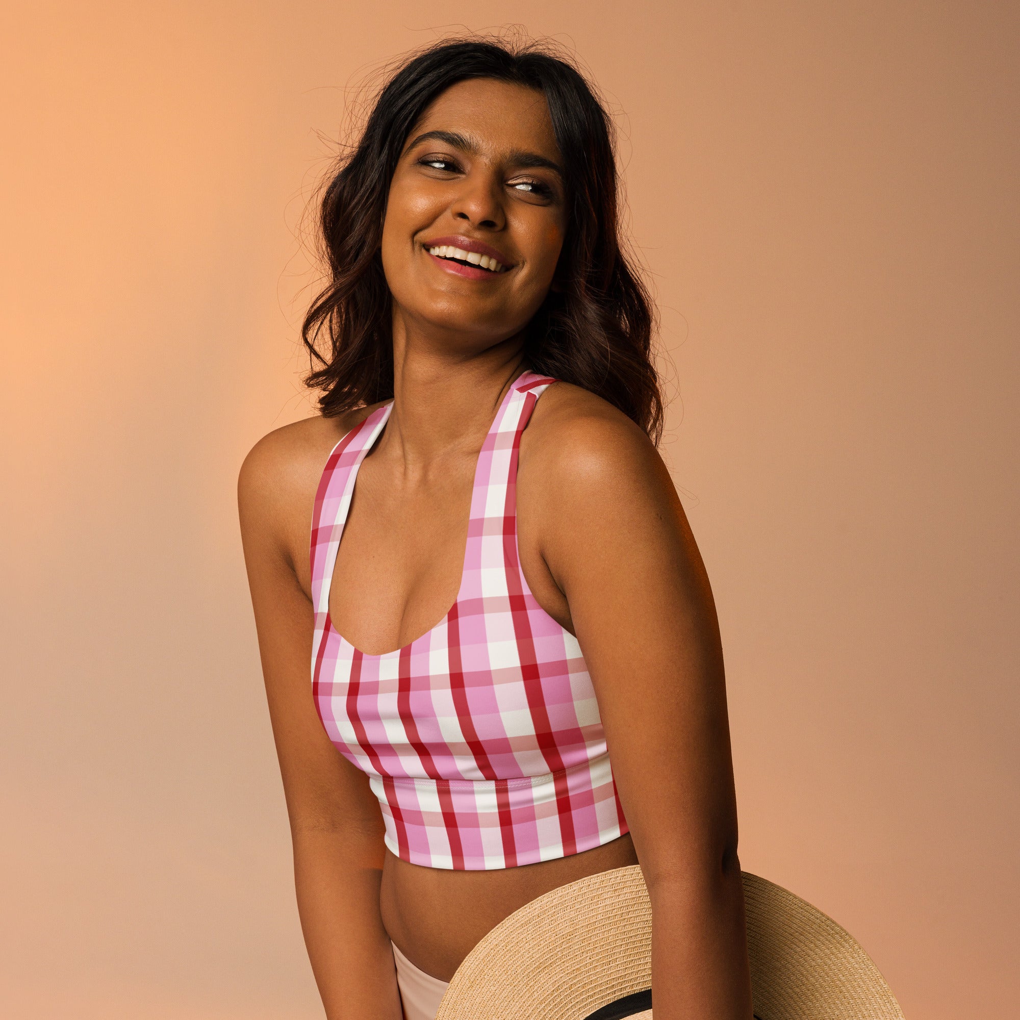 Women’s valentine’s day pink and white checkered halter top sports bra with buttery soft recycled fabric and high support