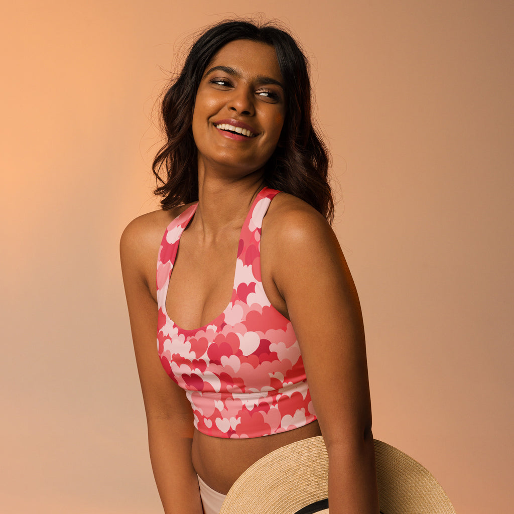 Women’s pink heart cloud buttery soft recycled longline sports bra with high intensity support and removable padding