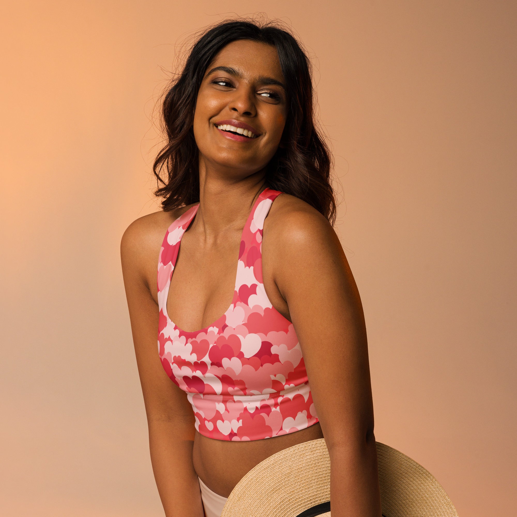 Women’s pink heart cloud buttery soft recycled longline sports bra with high intensity support and removable padding