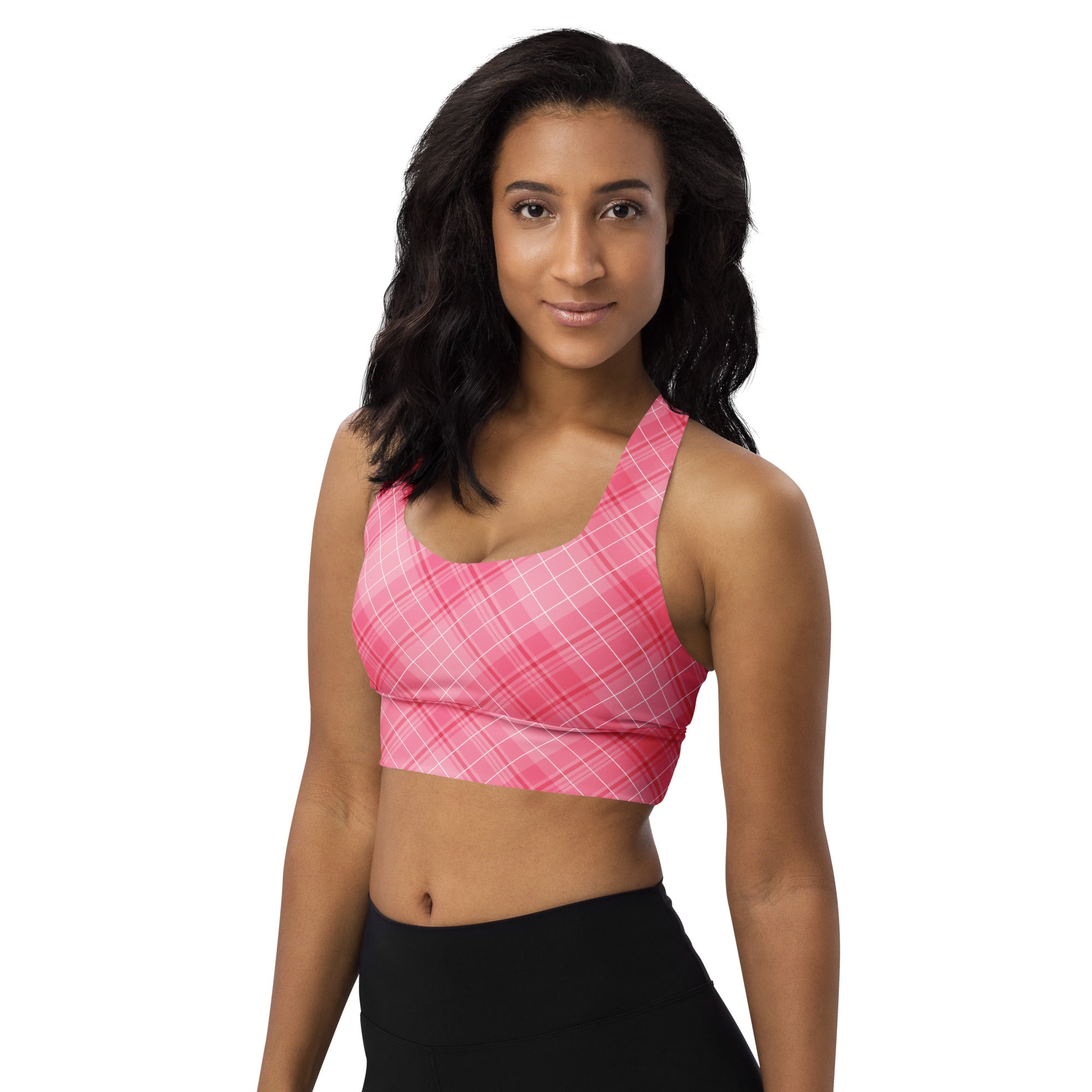 Women’s valentine’s day pink plaid buttery soft recycled longline sports bra with halter neckline and adjustable straps