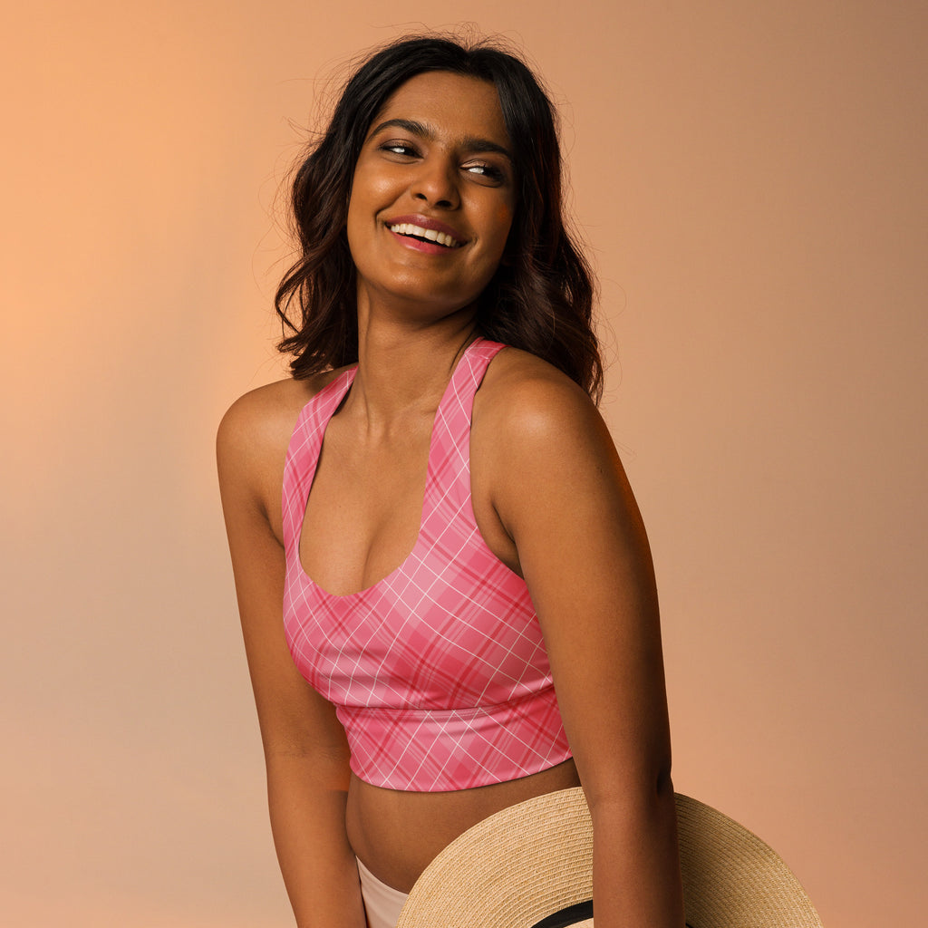 Women’s valentine’s day pink plaid buttery soft recycled longline sports bra with halter neck and high intensity support