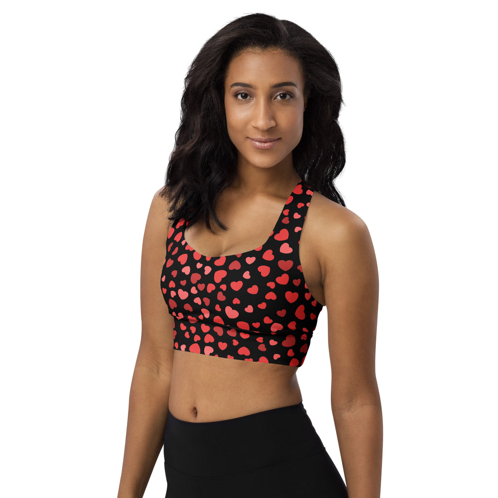 Black womens longline sports bra with red heart pattern buttery soft recycled fabric high intensity support
