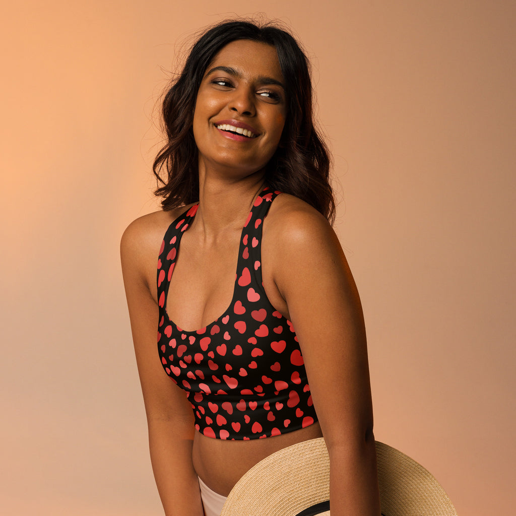 Women’s valentine’s day longline sports bra in black with red heart pattern buttery soft recycled fabric