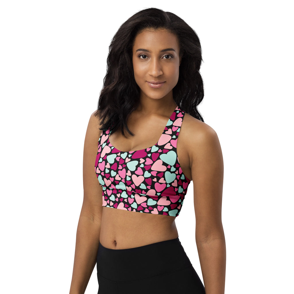 Women’s Valentine’s Day multicolor heart buttery soft recycled longline sports bra with high intensity support and quick dry
