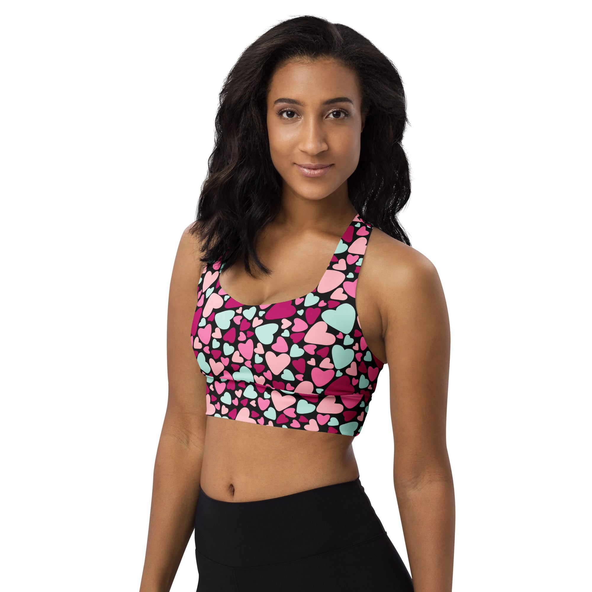 Women’s Valentine’s Day multicolor heart buttery soft recycled longline sports bra with high intensity support and quick dry