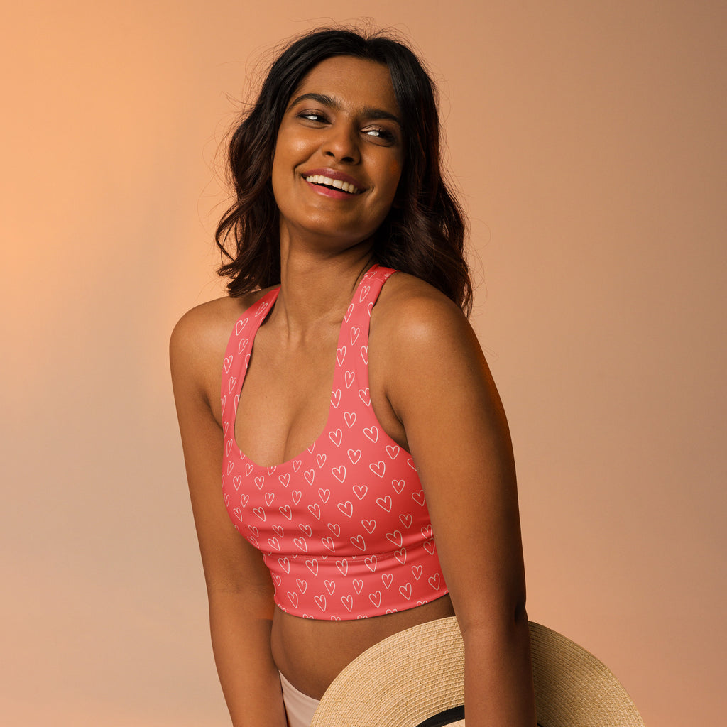 Women’s valentine’s day pink heart-patterned crop top sports bra with high intensity support and quick dry fabric
