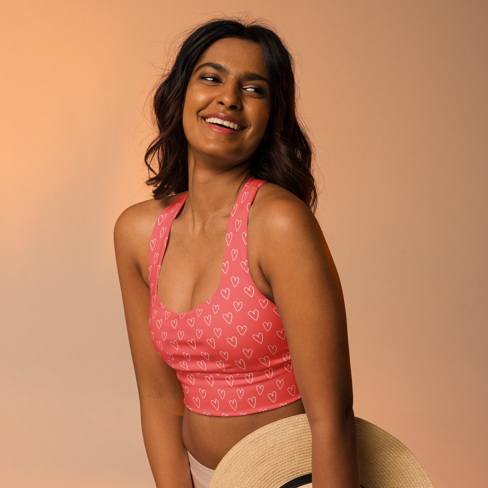 Women’s valentine’s day pink heart-patterned crop top sports bra with high intensity support and quick dry fabric