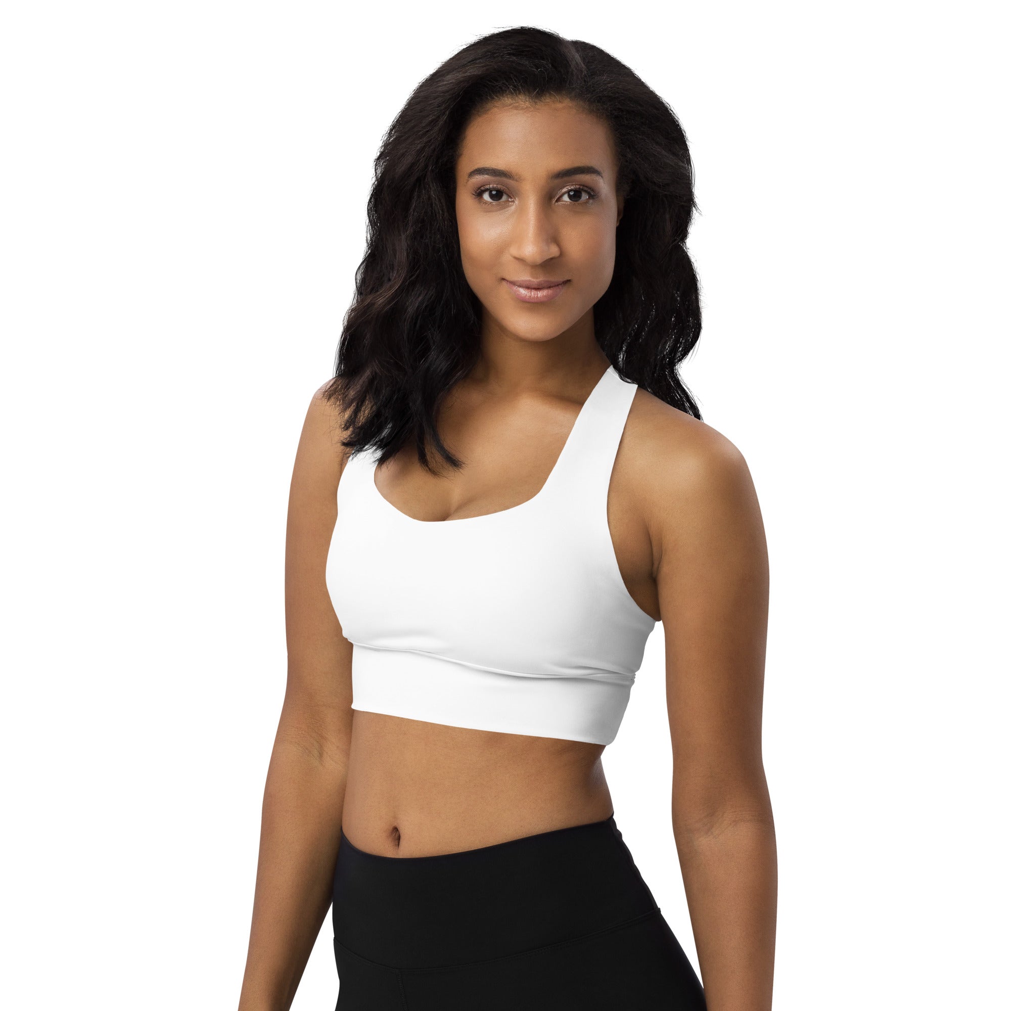 White recycled longline sports bra with wide straps buttery soft fabric high intensity support and quick dry features