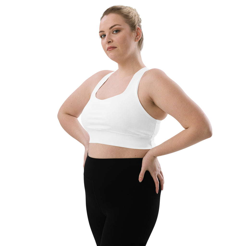 White recycled longline sports bra with racerback straps seamless design high intensity support and quick dry fabric