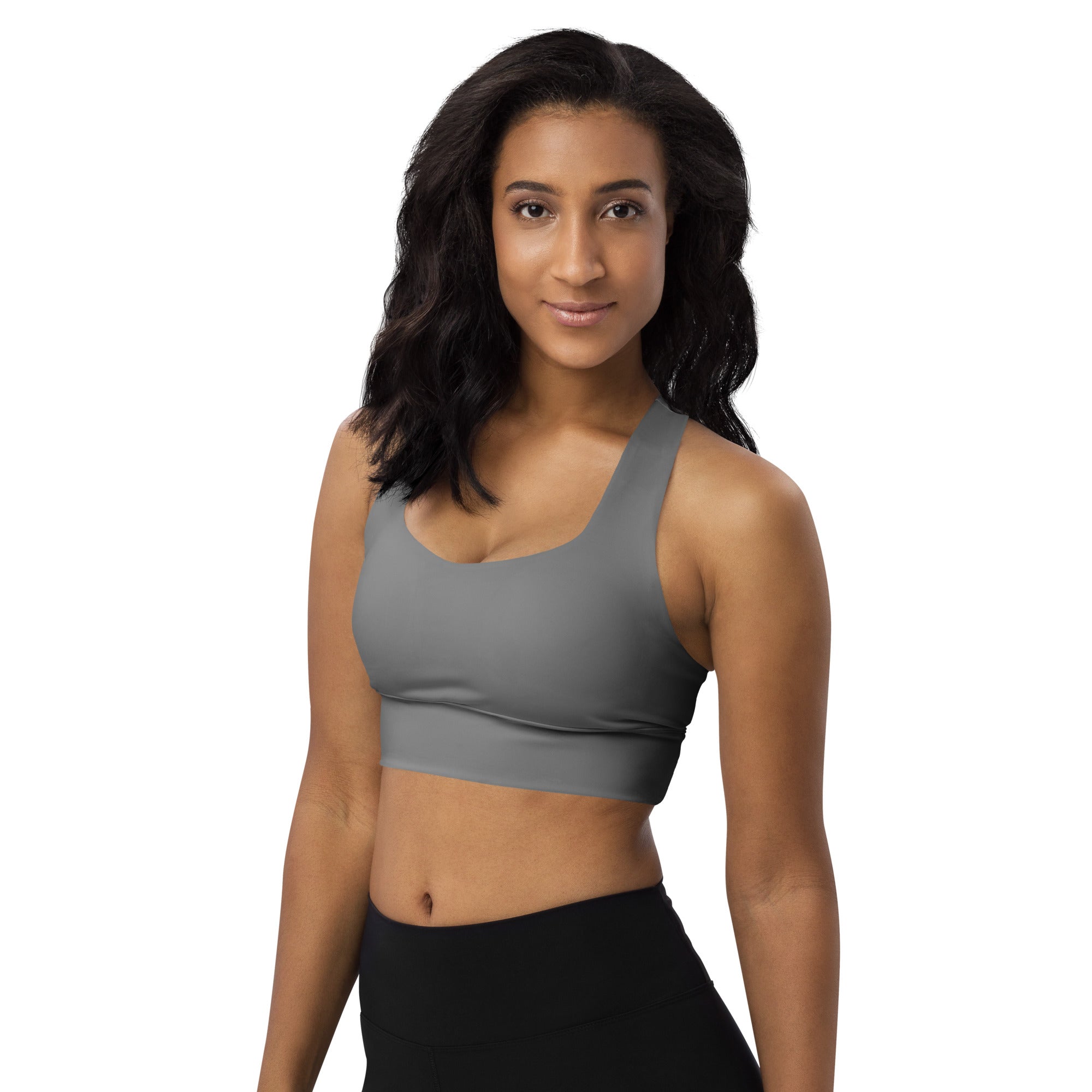 Women’s buttery soft gray recycled longline sports bra with sleek form-fitting design and high intensity support straps