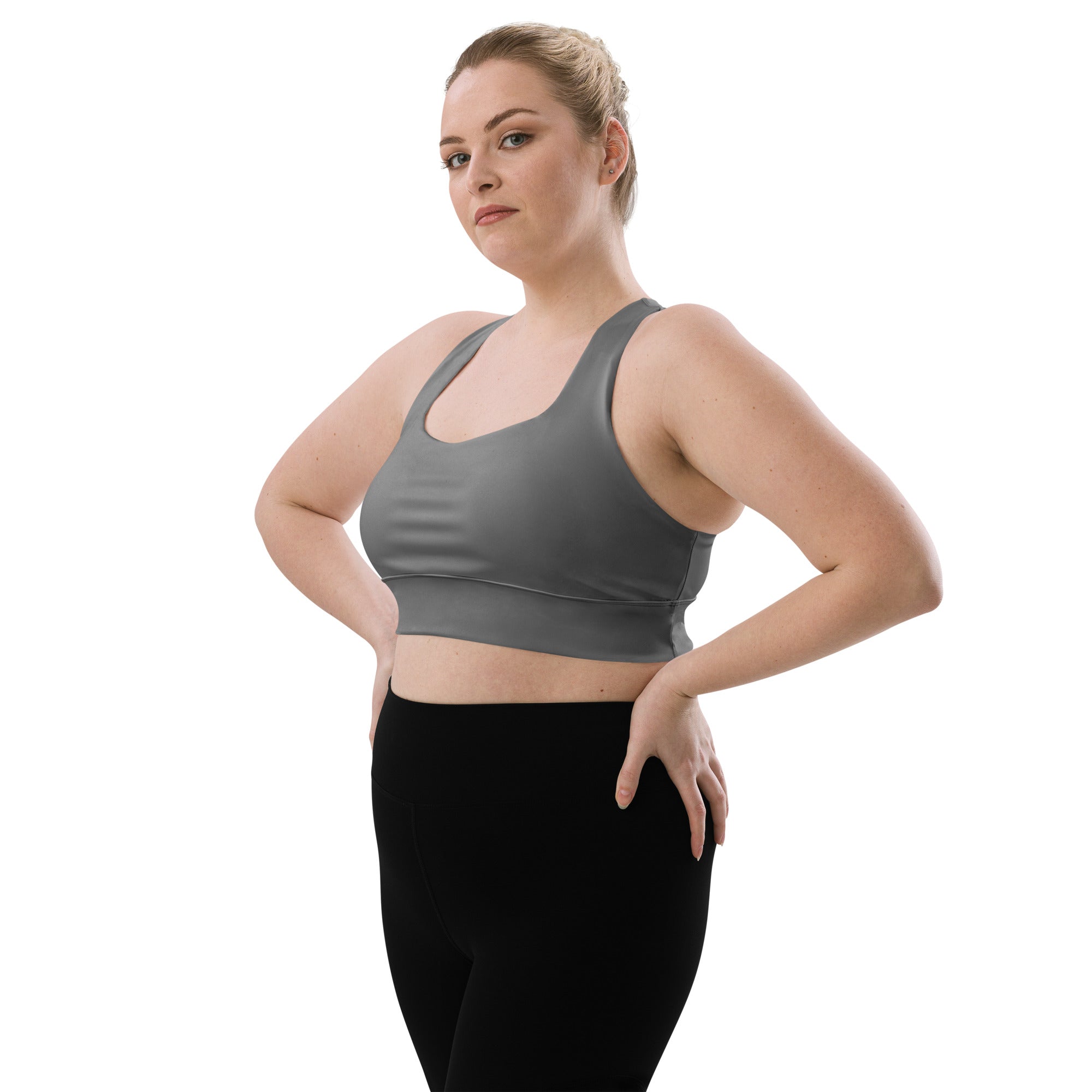 Women’s buttery soft gray recycled longline sports bra with high intensity support and quick dry fabric
