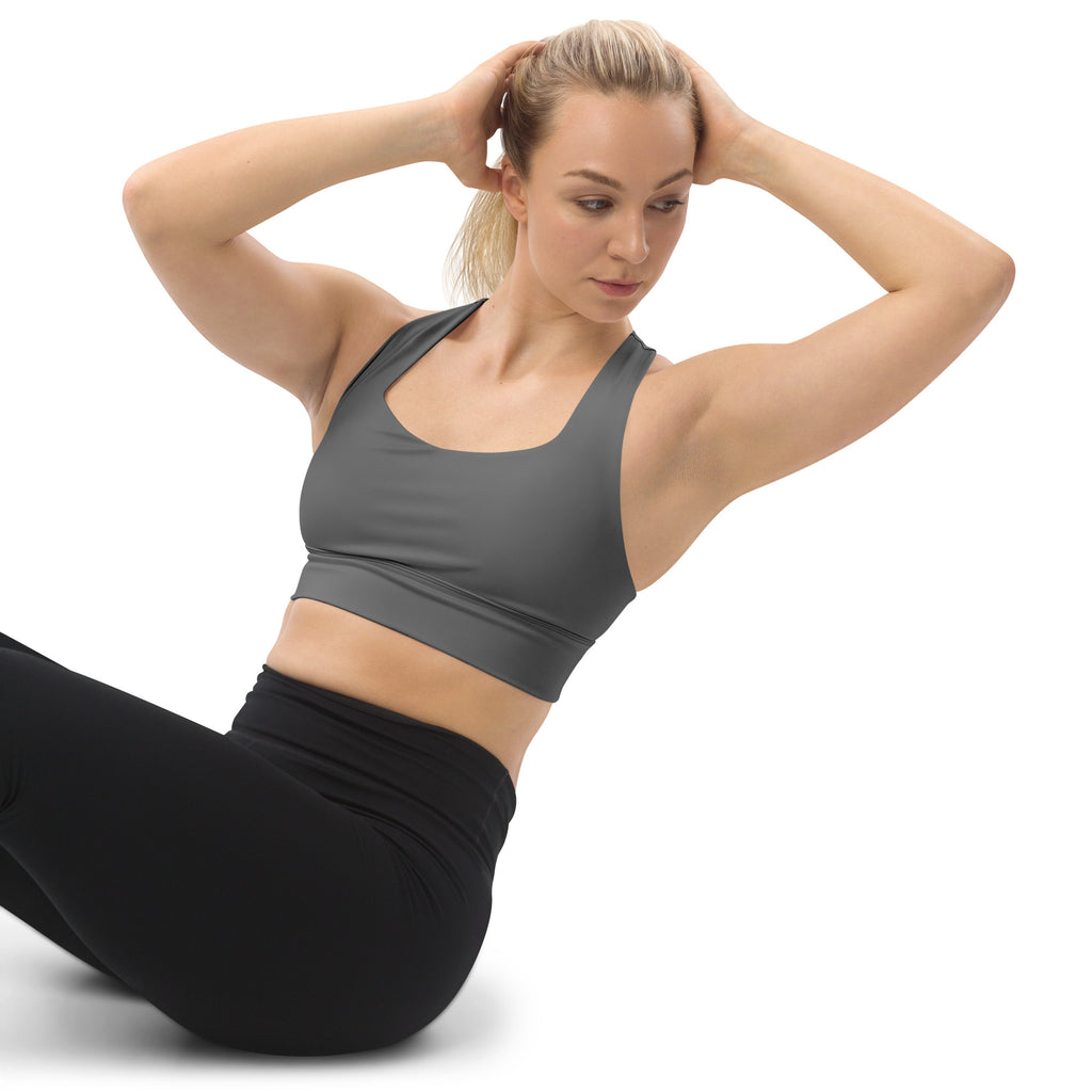 Gray recycled longline sports bra with buttery soft fabric, supportive straps, removable padding, quick dry, and upf 50+ protection