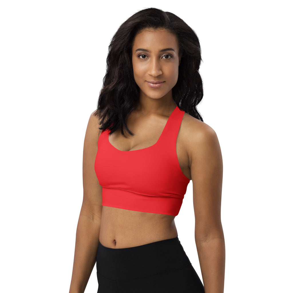 Red recycled longline sports bra with buttery soft fabric high intensity support and supportive straps