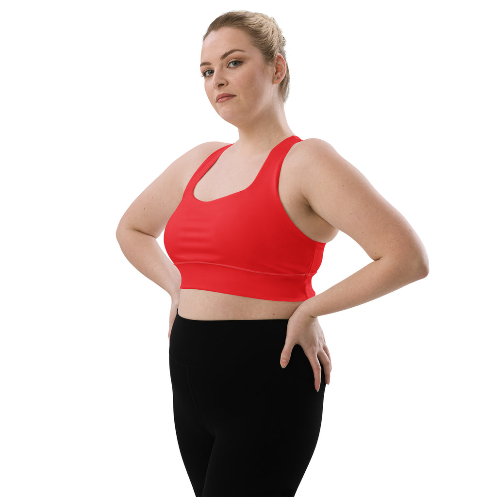 Women’s buttery soft red recycled longline sports bra with wide straps supportive cups quick dry and upf 50+