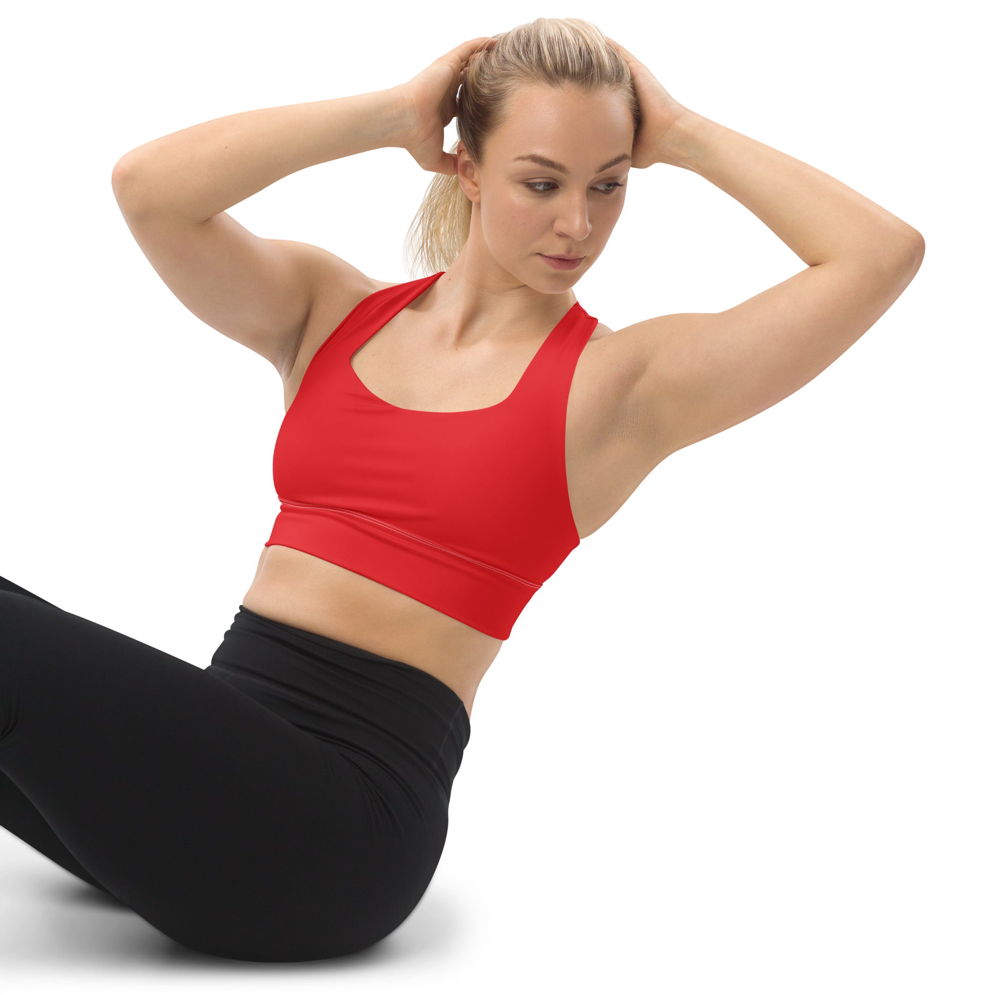 Women’s buttery soft red recycled longline sports bra with supportive straps scoop neckline and high intensity support