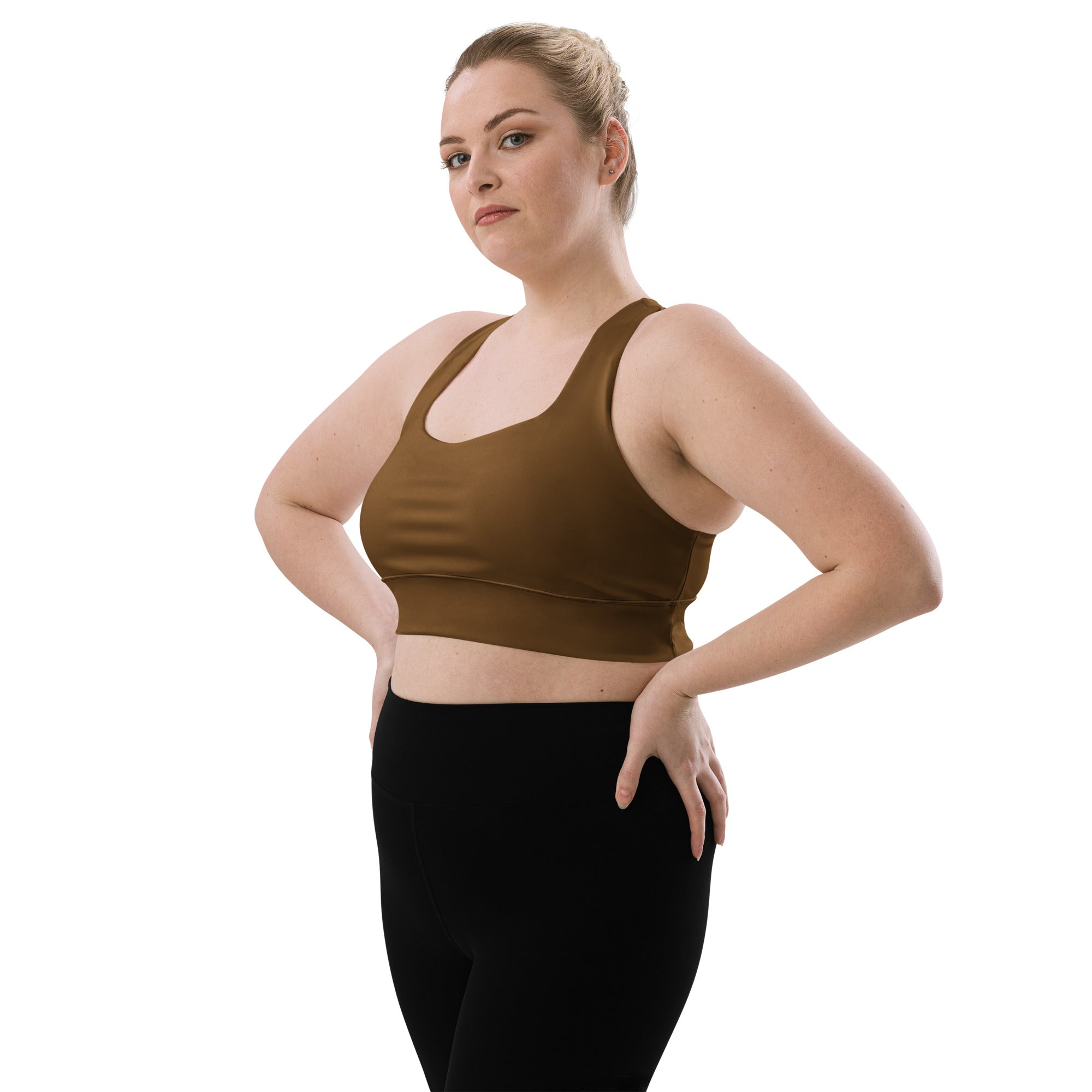 Olive green racerback sports bra with seamless construction for high intensity support quick dry and upf 50 plus protection