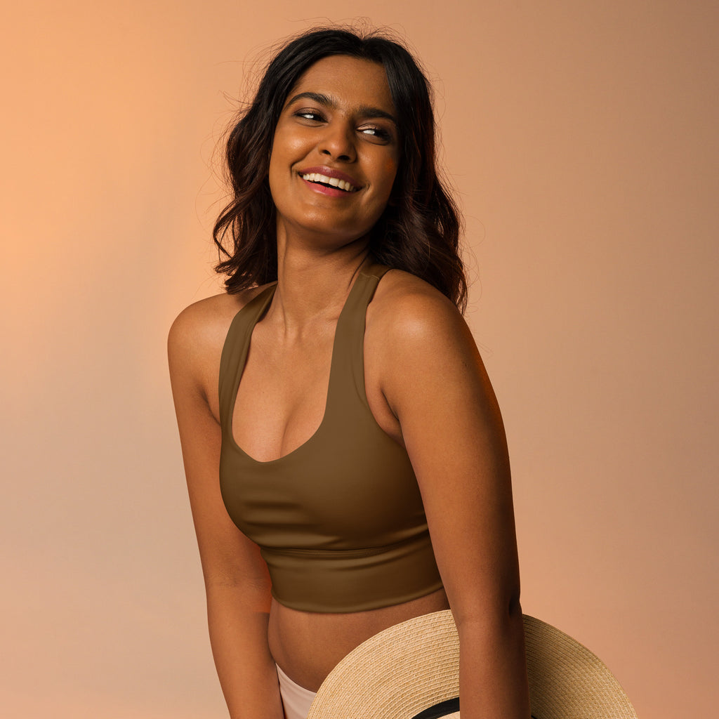 Olive green cropped sports bra with halter neck and racerback straps for high intensity support with quick dry and upf 50+