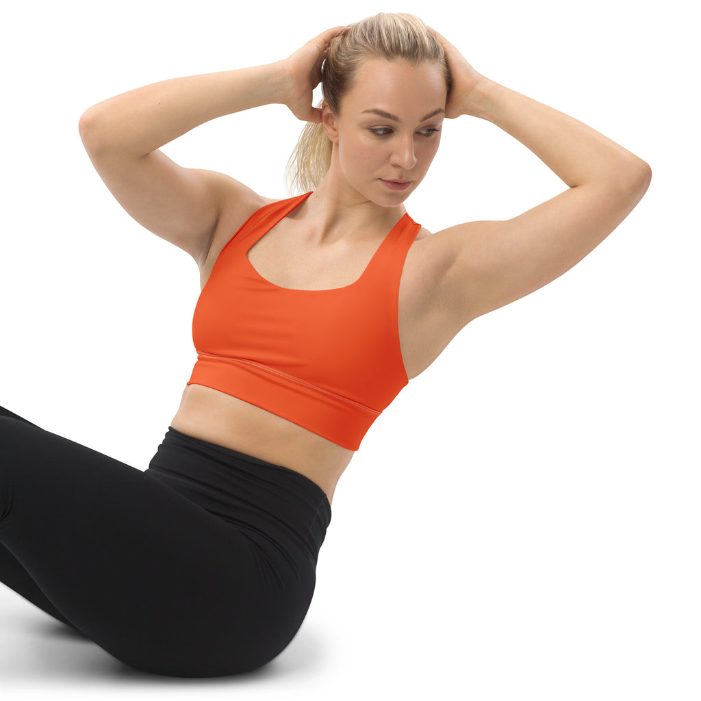 Women’s buttery soft orange recycled longline sports bra with supportive straps and seamless design for high intensity support