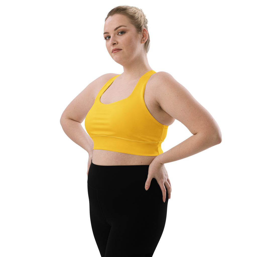 Bright yellow seamless longline sports bra with wide straps buttery soft recycled fabric high intensity support