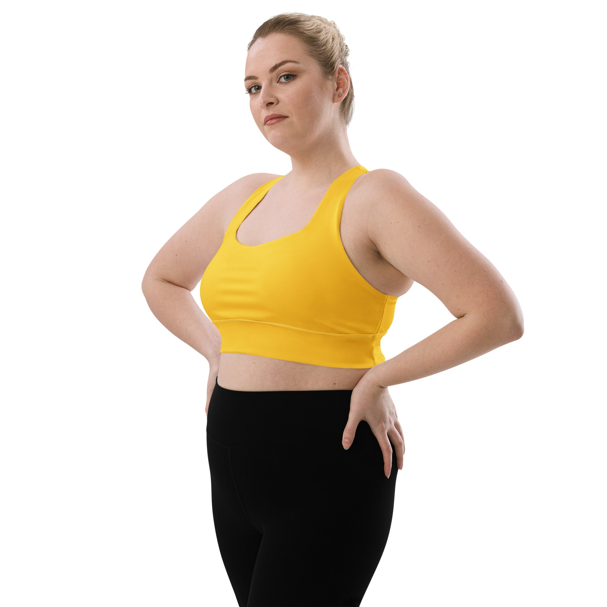 Bright yellow seamless longline sports bra with wide straps buttery soft recycled fabric high intensity support