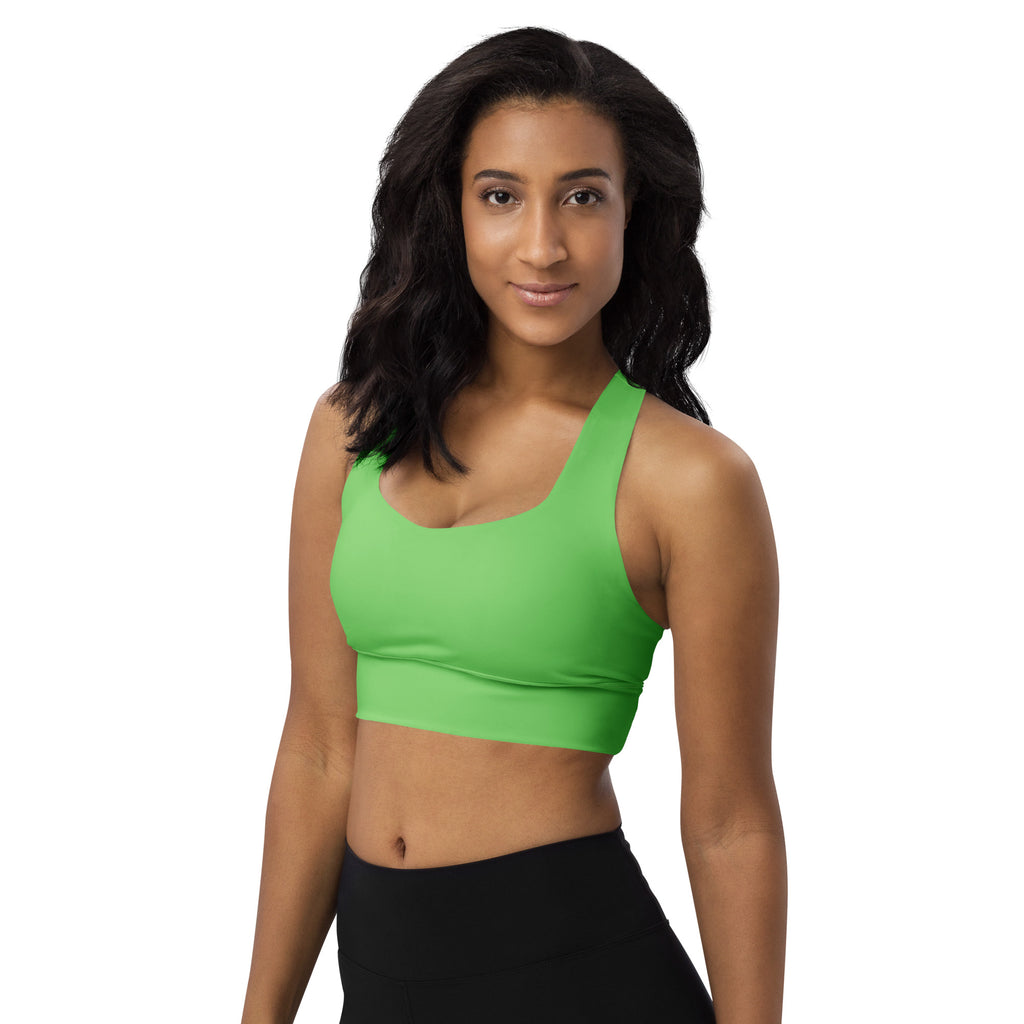 Women’s buttery soft bright green recycled longline sports bra with halter neckline supportive band and upf 50+