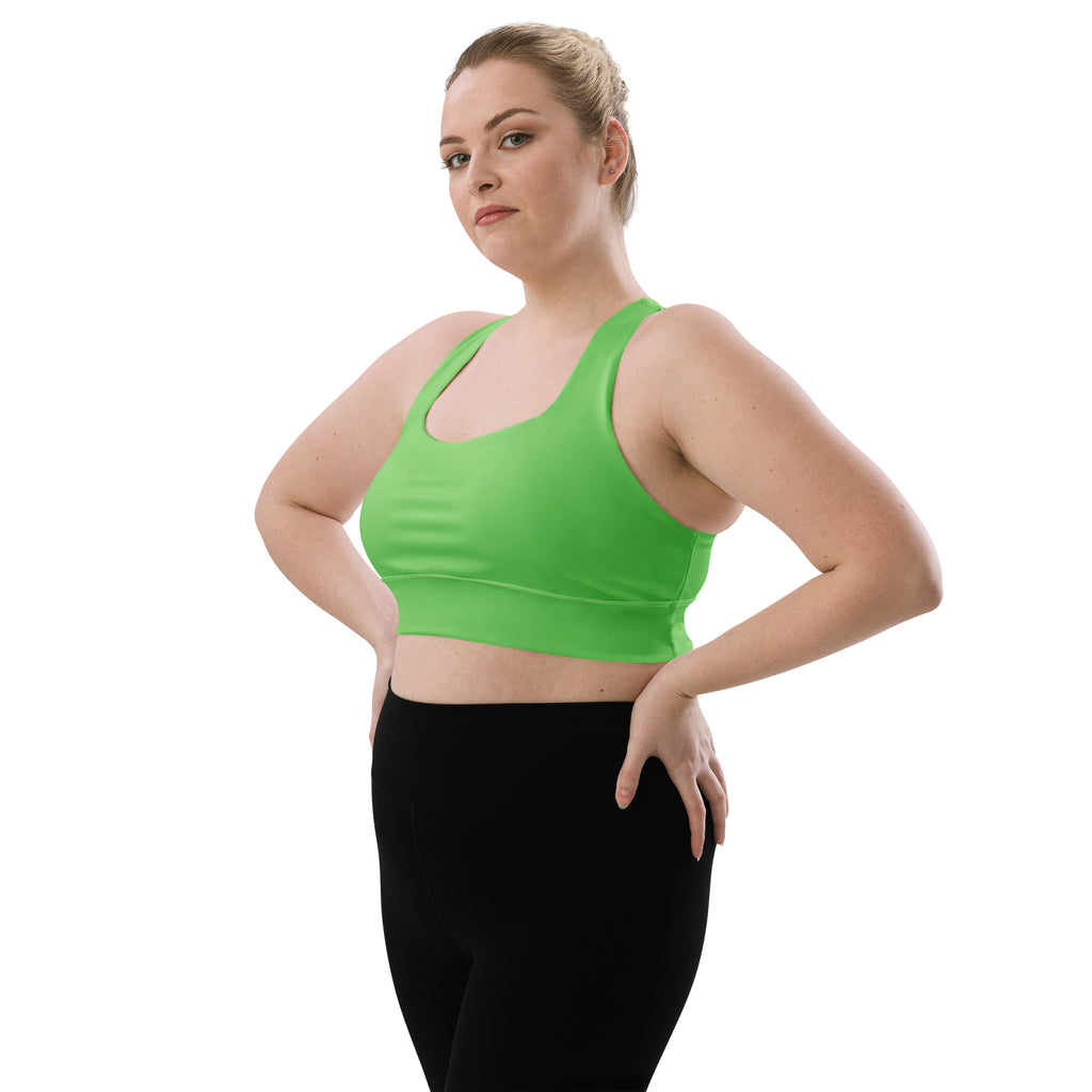Bright green seamless recycled longline sports bra with wide straps high intensity support and quick dry fabric