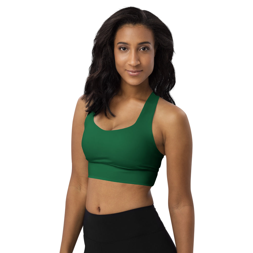 Women’s buttery soft dark green recycled longline sports bra with racerback straps seamless construction and high intensity support