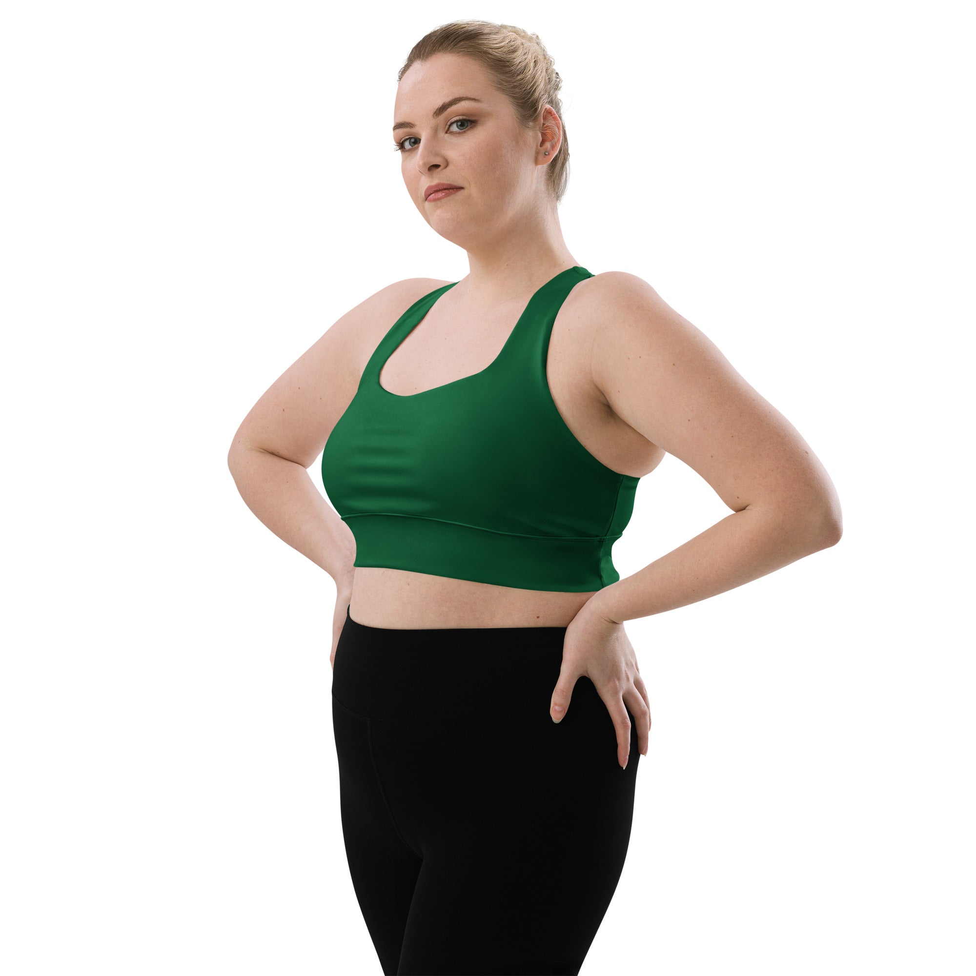 Women’s buttery soft dark green recycled longline sports bra with scoop neckline racerback for high intensity support
