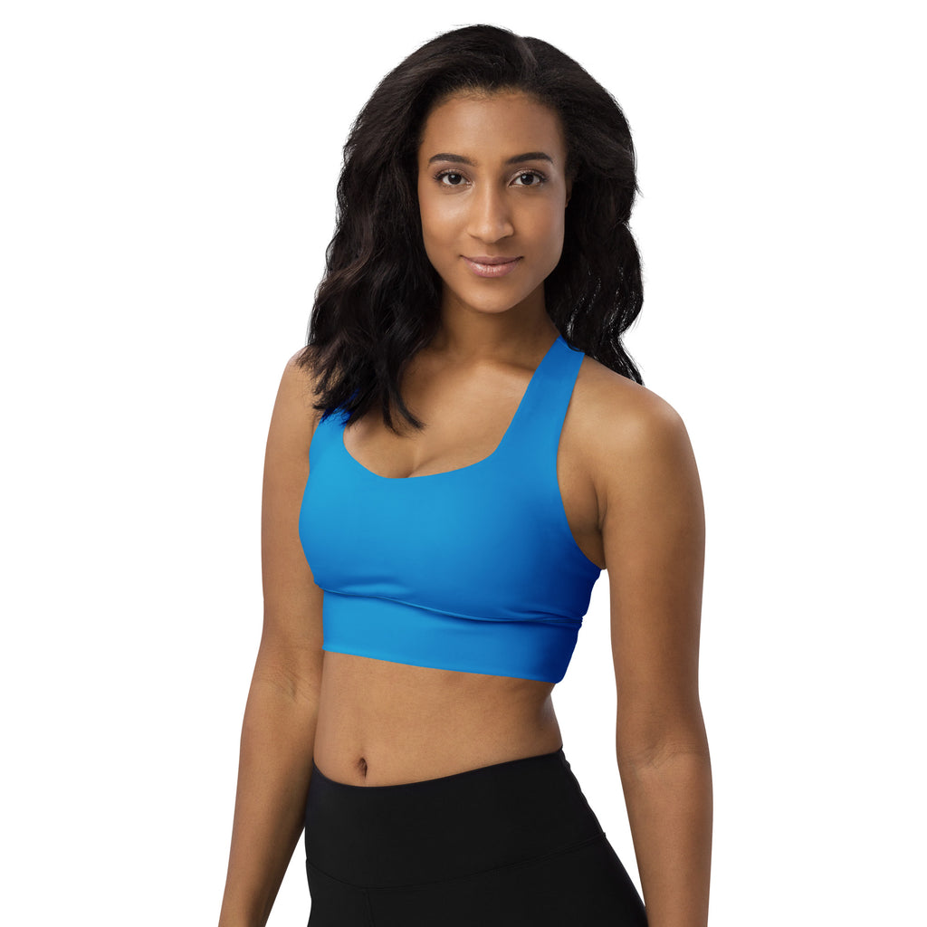 Bright blue seamless recycled longline sports bra with racerback straps buttery soft high intensity support