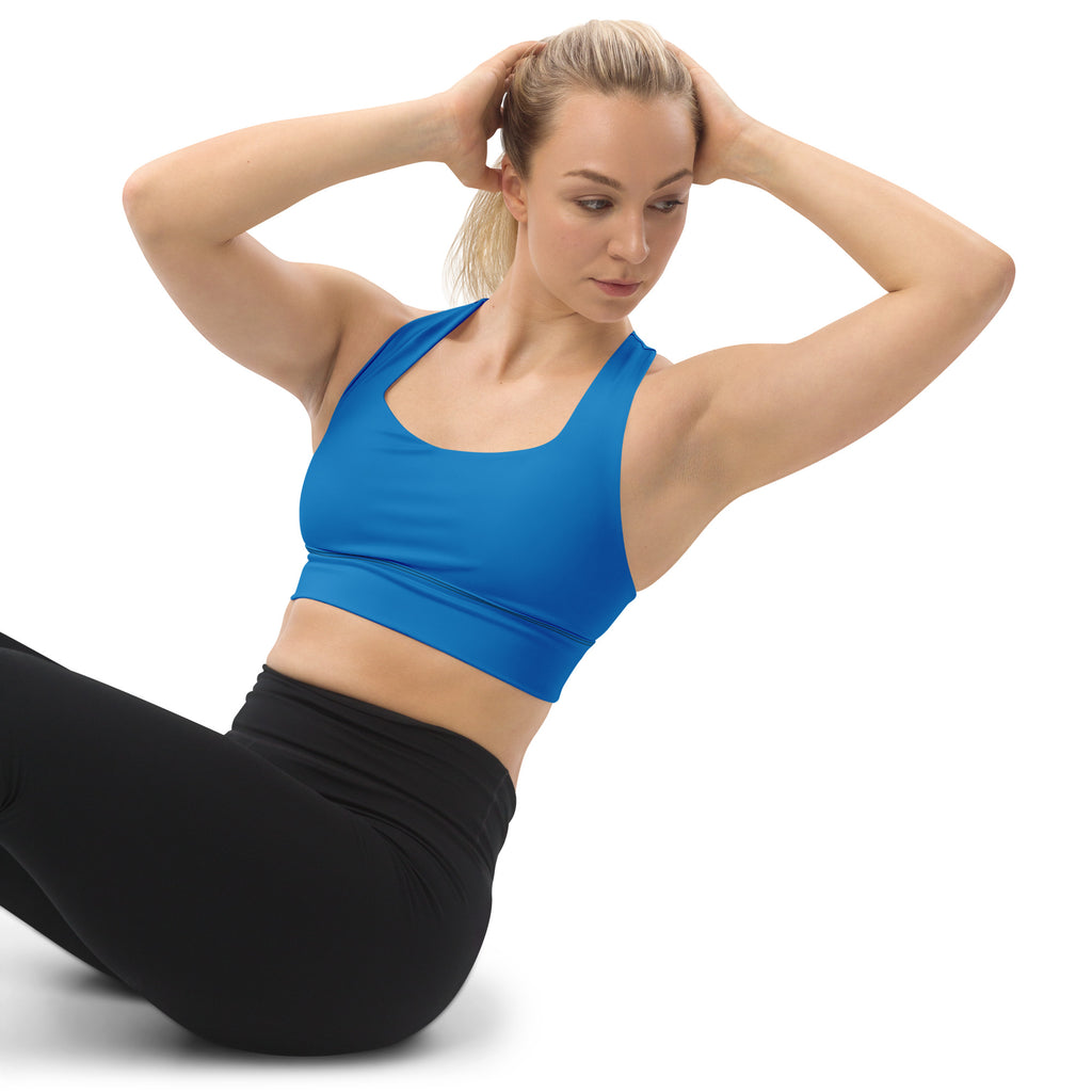 Women’s buttery soft blue recycled longline sports bra with supportive straps and scoop neckline for high intensity support