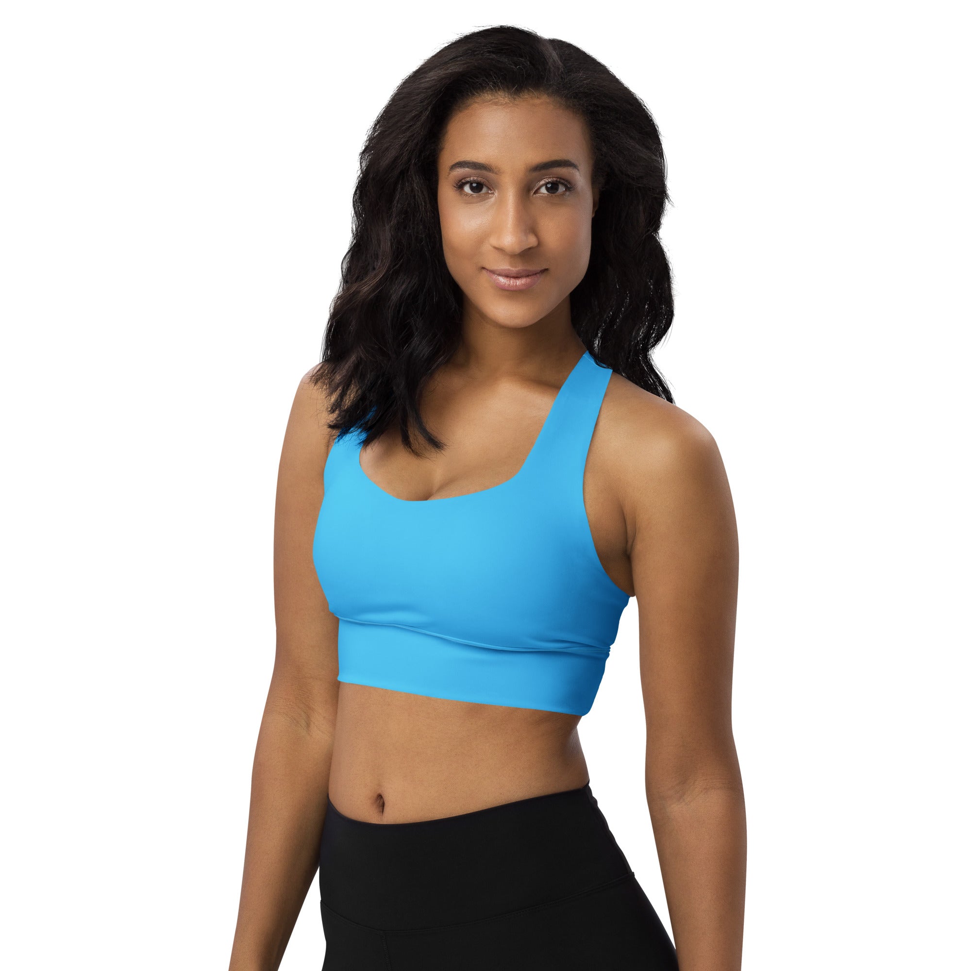 Bright blue seamless women’s longline sports bra with racerback straps high intensity support and quick dry fabric