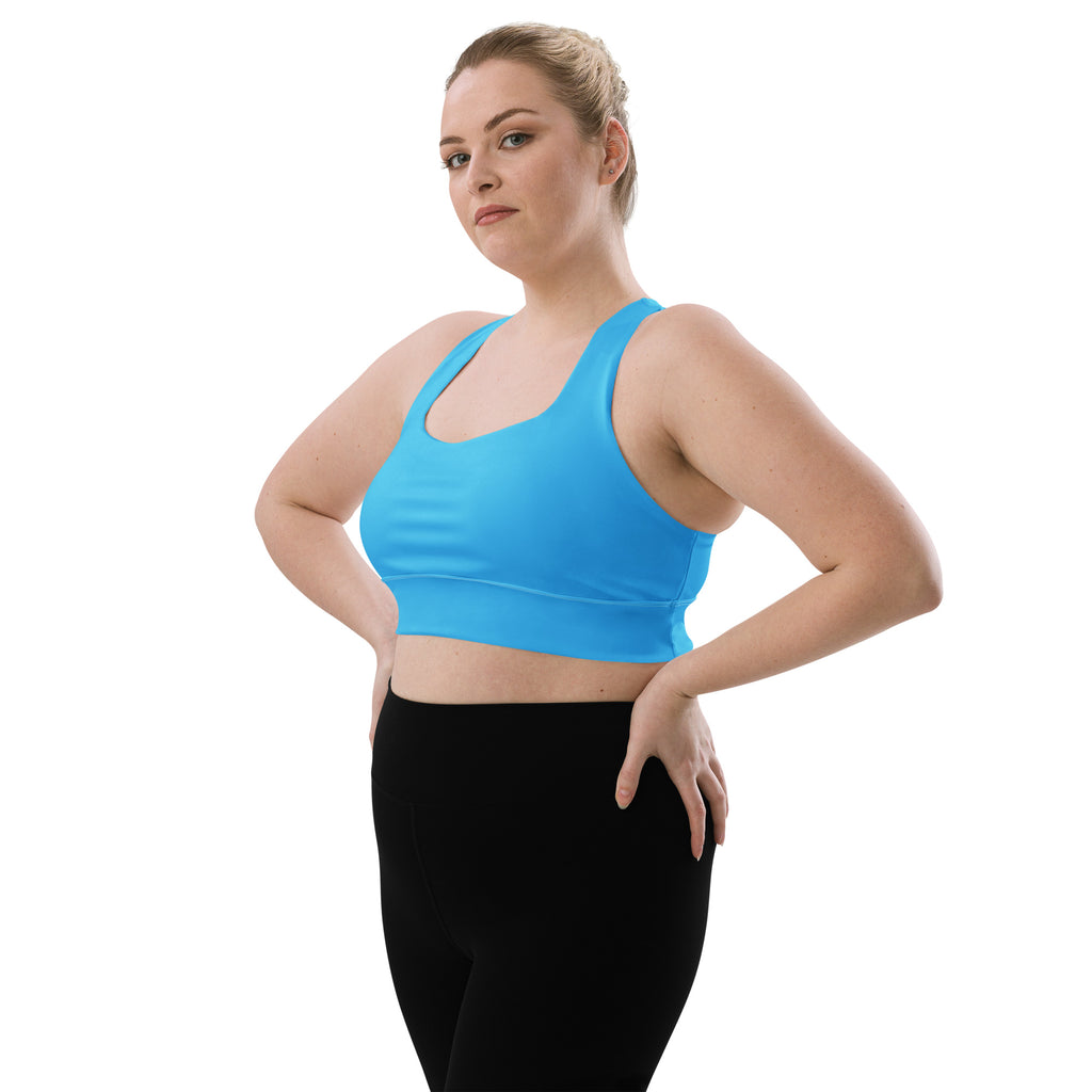 Bright blue seamless racerback sports bra made from recycled fabric for high intensity support and quick dry