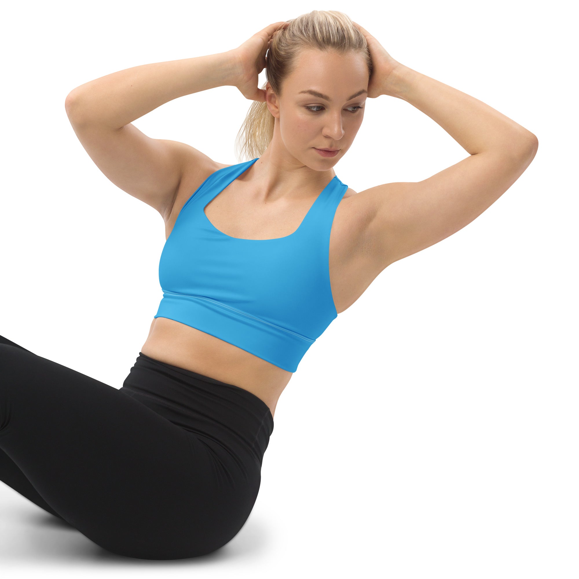 Women’s buttery soft sky blue recycled longline sports bra with scoop neckline and high intensity support