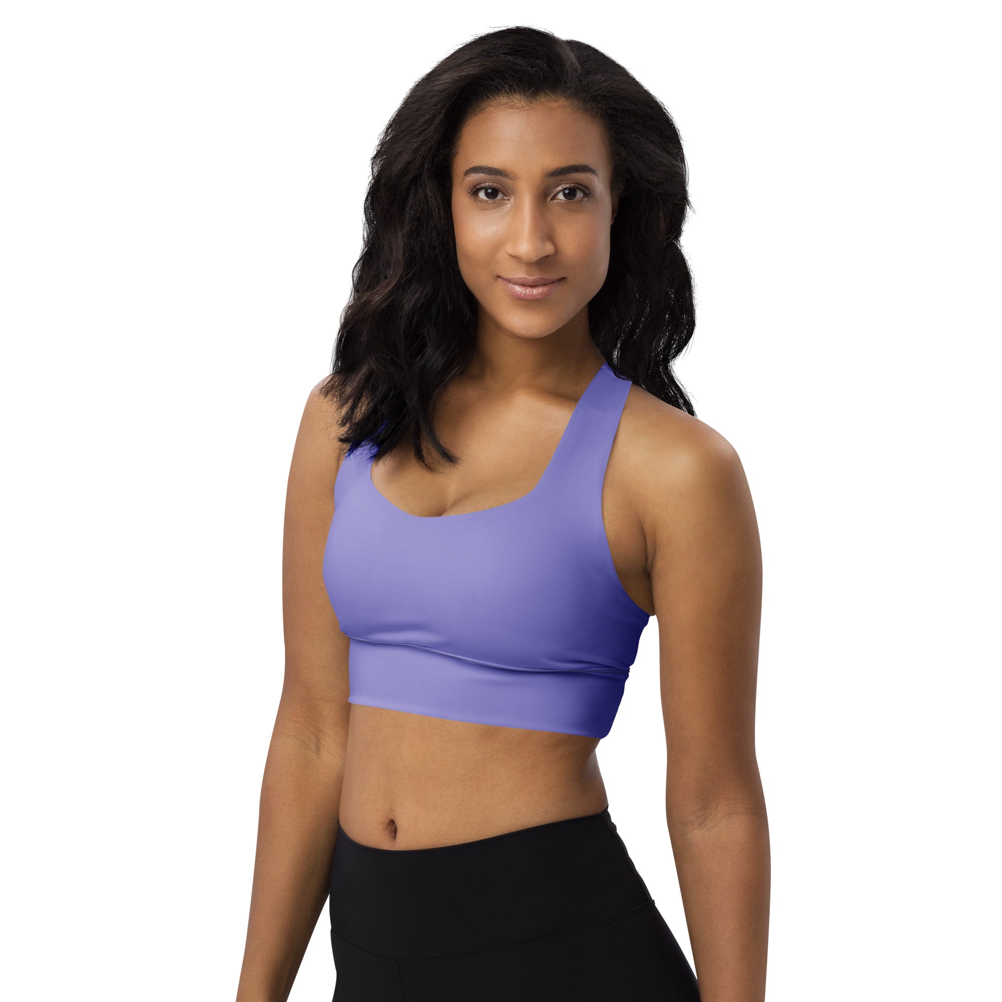 Women’s lavender seamless longline sports bra with thin straps buttery soft recycled fabric high intensity support