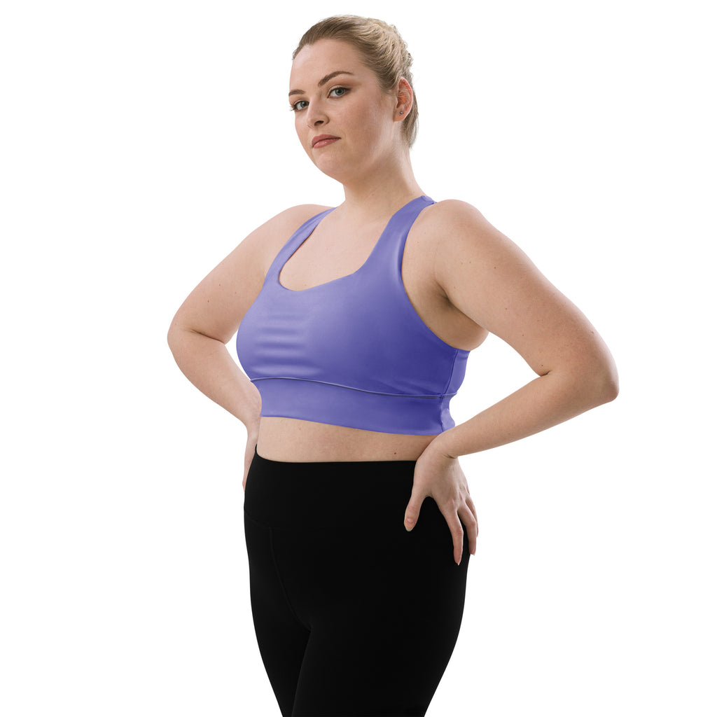 Purple seamless buttery soft longline sports bra with racerback design for high intensity support and quick dry