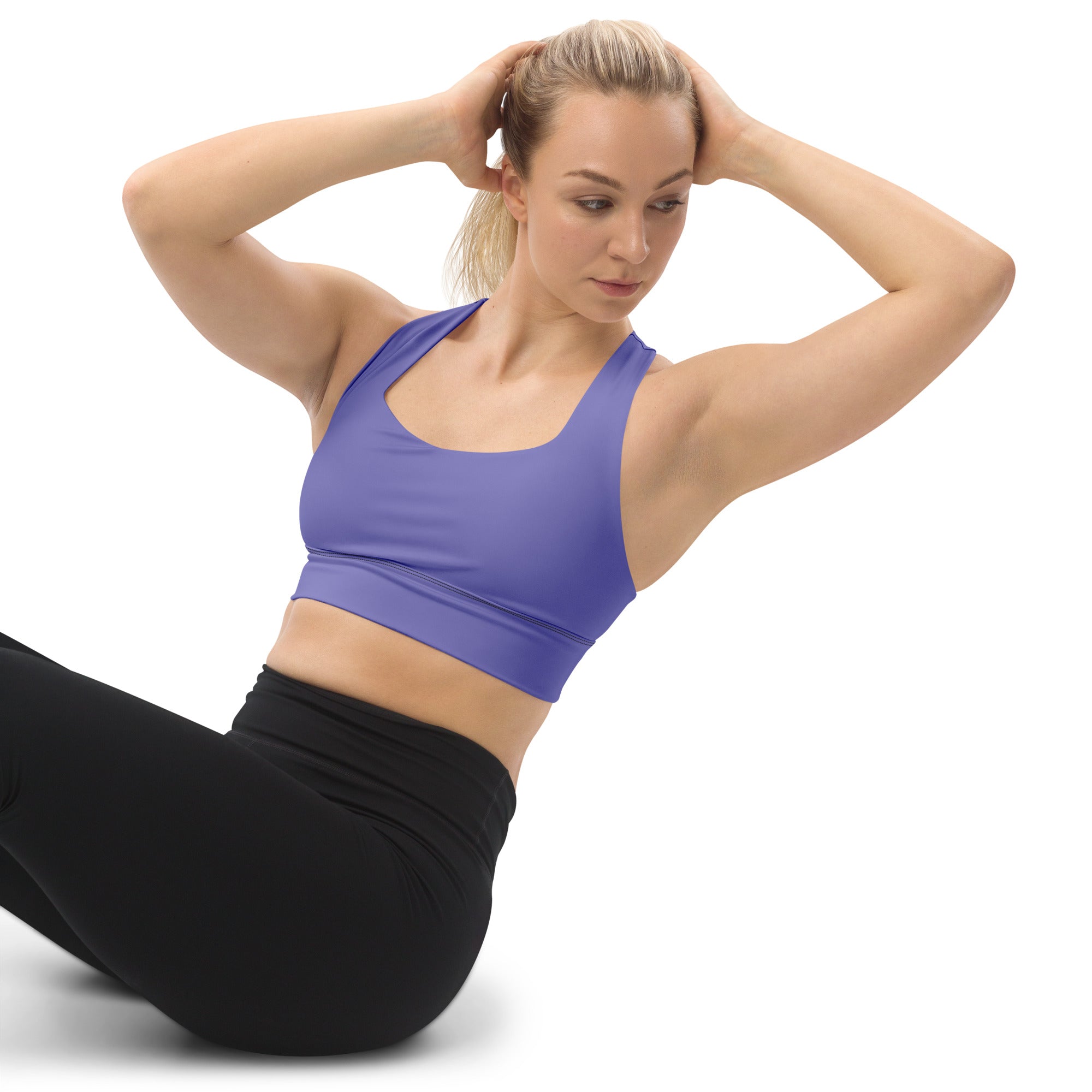 Women’s buttery soft sky purple recycled longline sports bra with supportive straps scoop neckline and high intensity support