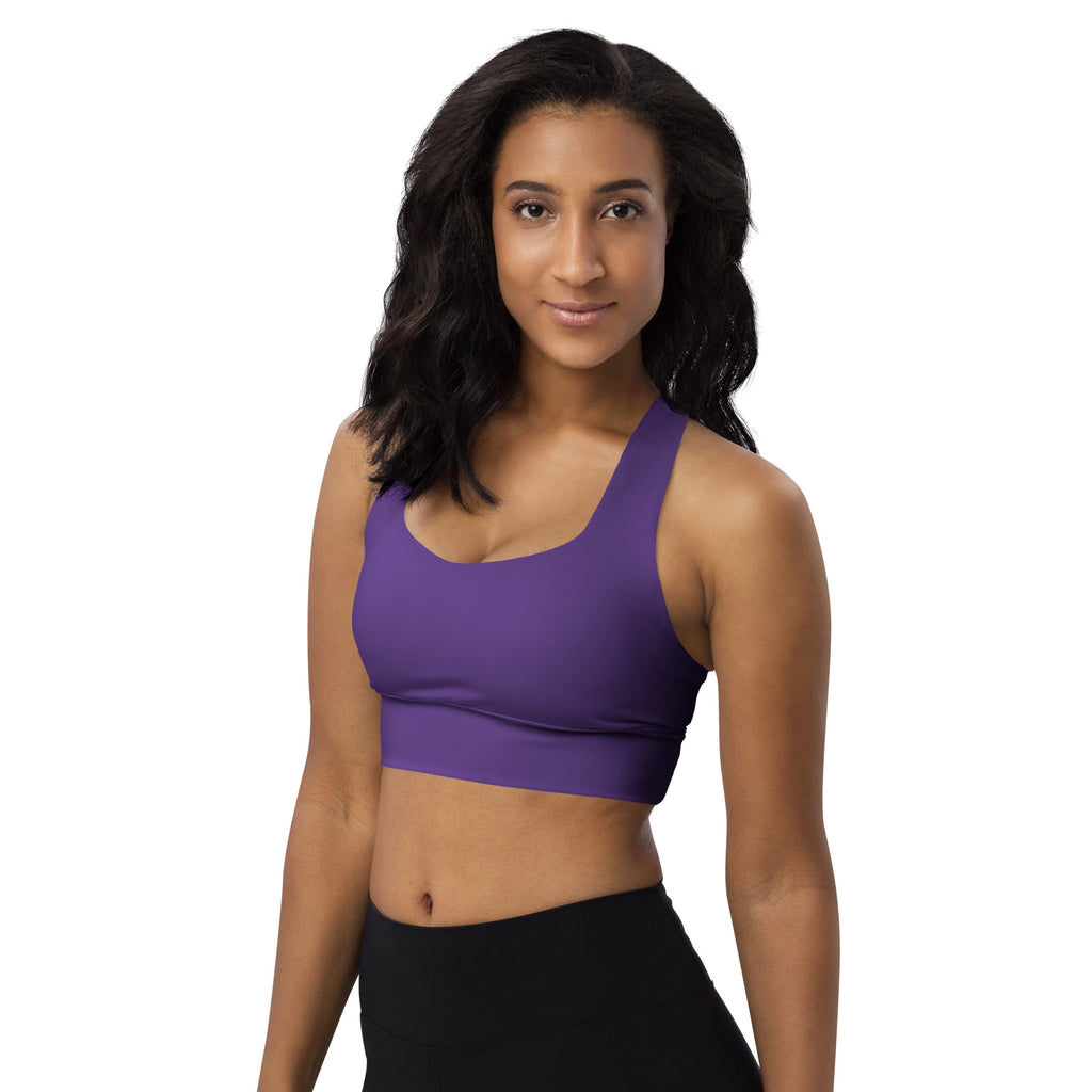 Purple recycled longline sports bra with buttery soft fabric high intensity support removable padding and quick dry