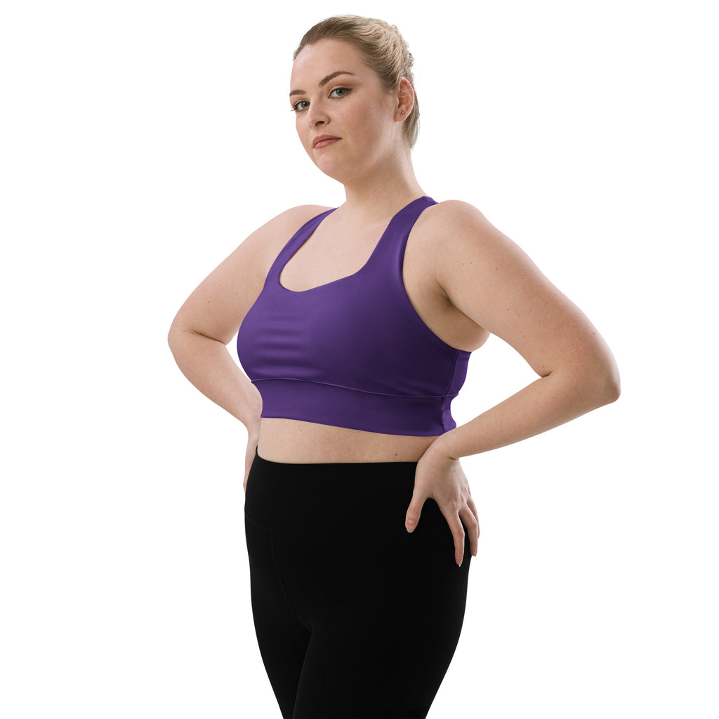 Women’s buttery soft sky dark purple recycled longline sports bra with scoop neckline wide straps for high intensity support