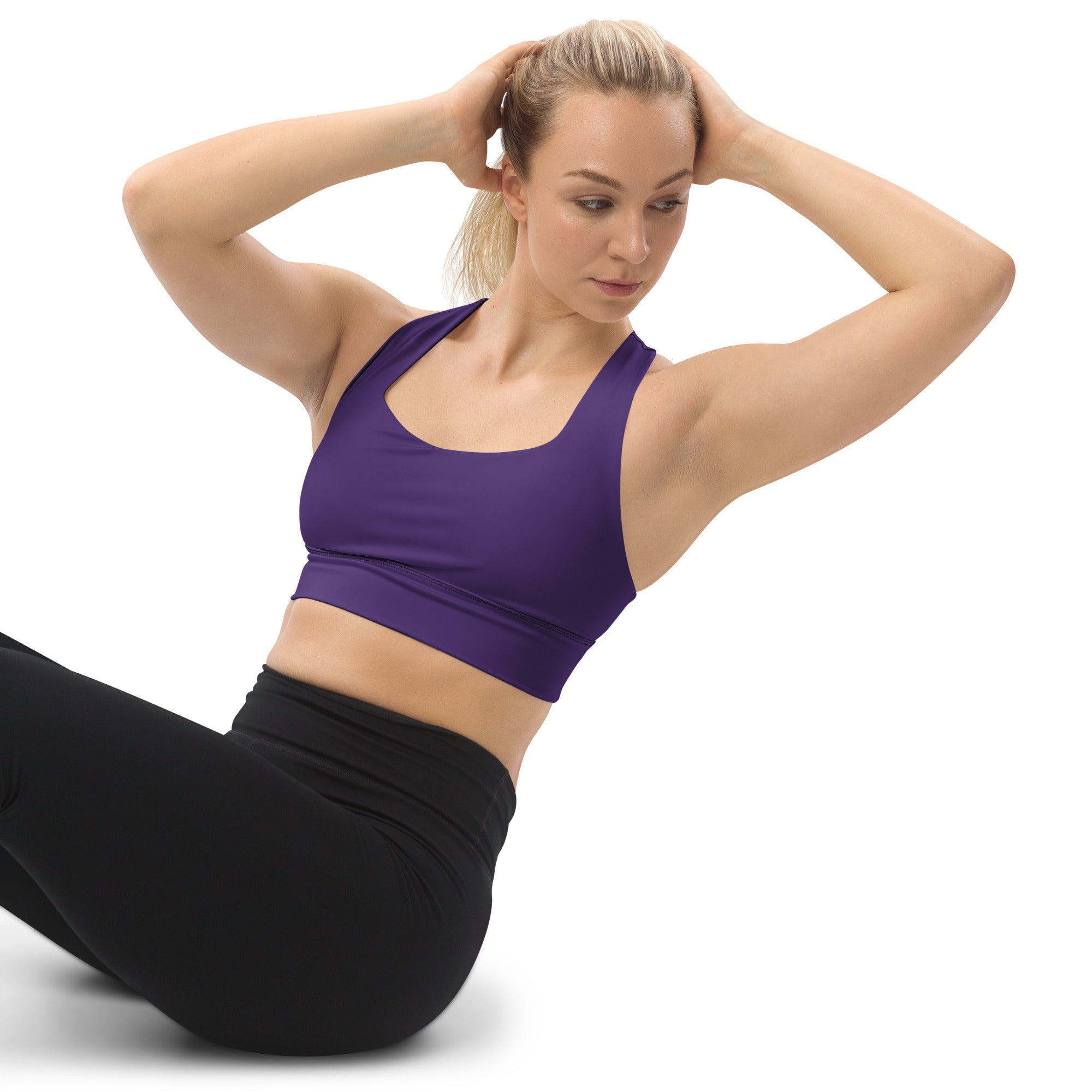 Purple buttery soft recycled longline sports bra with supportive straps scoop neckline for high intensity workouts