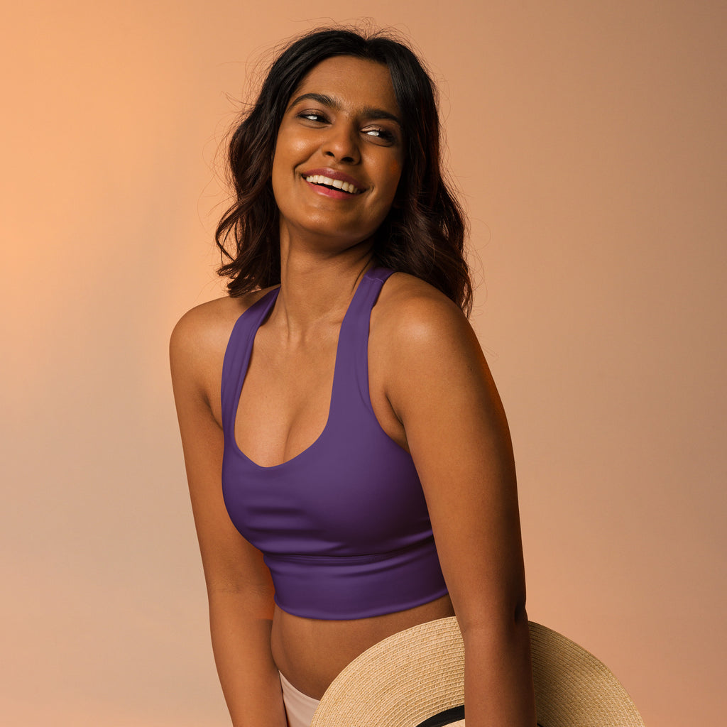Women’s buttery soft sky dark purple halter-neck crop top with high intensity support and quick dry fabric