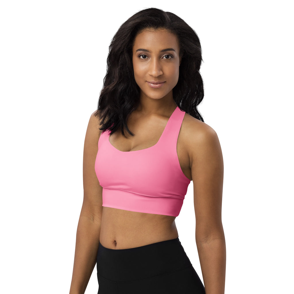 Women’s buttery soft sky pink recycled longline sports bra with seamless design wide straps high intensity support