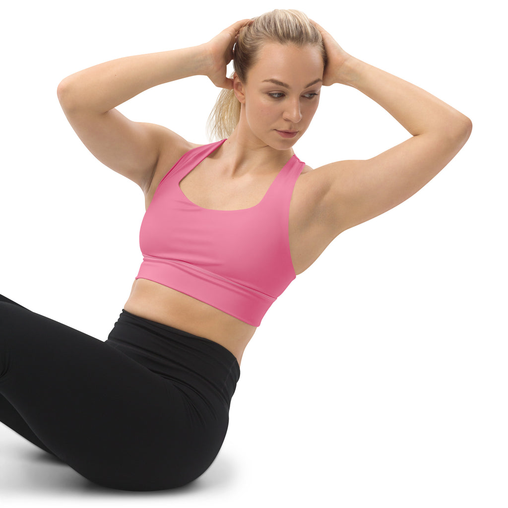Women’s buttery soft sky pink recycled longline sports bra with supportive straps and rounded neckline for high intensity support