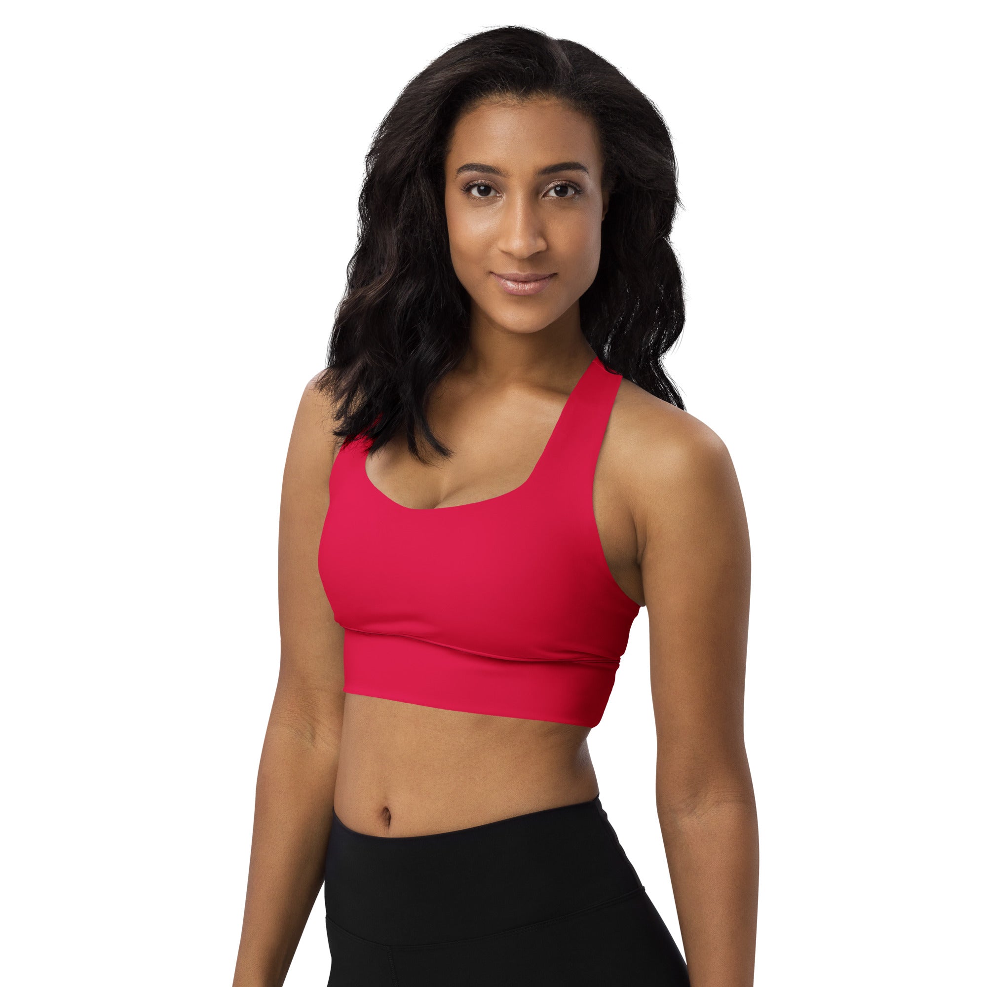 Bright red seamless womens recycled longline sports bra with racerback straps and high intensity support band