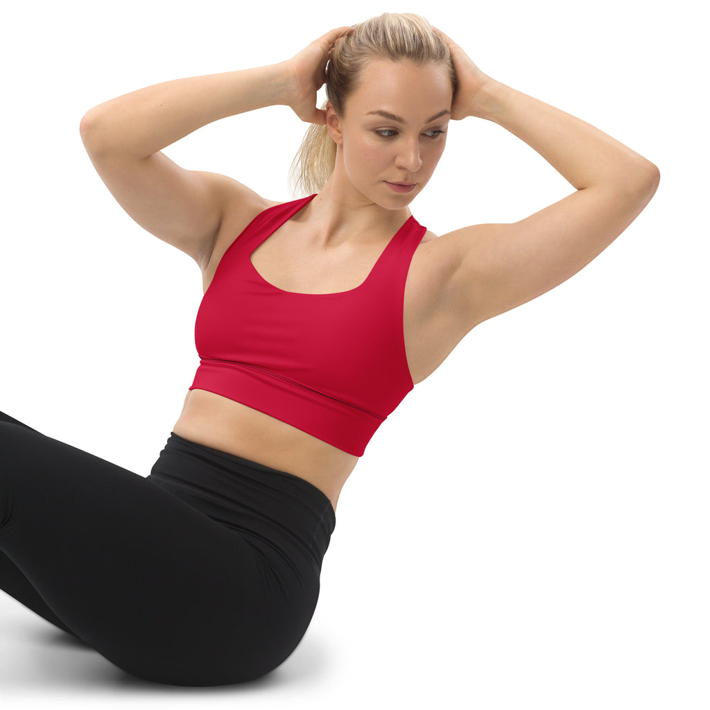 Women’s buttery soft rose red recycled longline sports bra with supportive straps scoop neckline and high intensity support