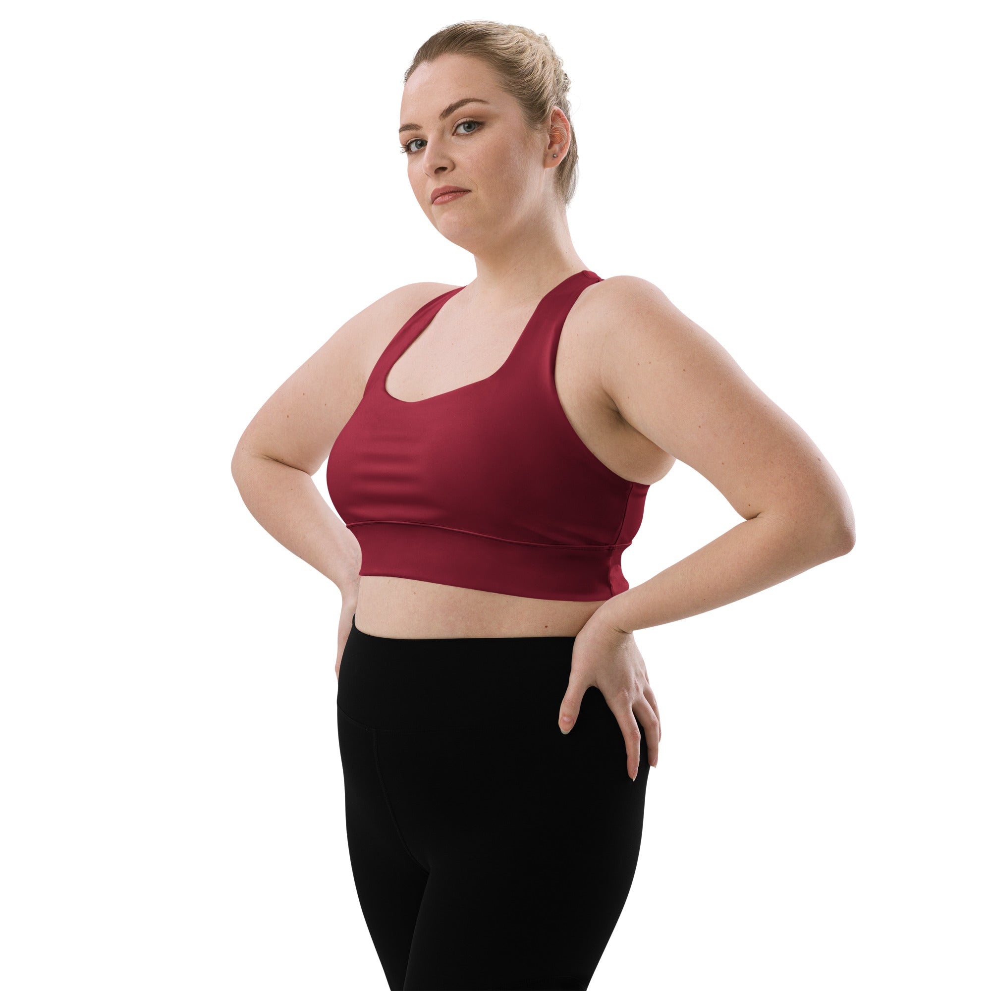 Women’s buttery soft deep red recycled seamless sports bra with scoop neckline wide straps high intensity support