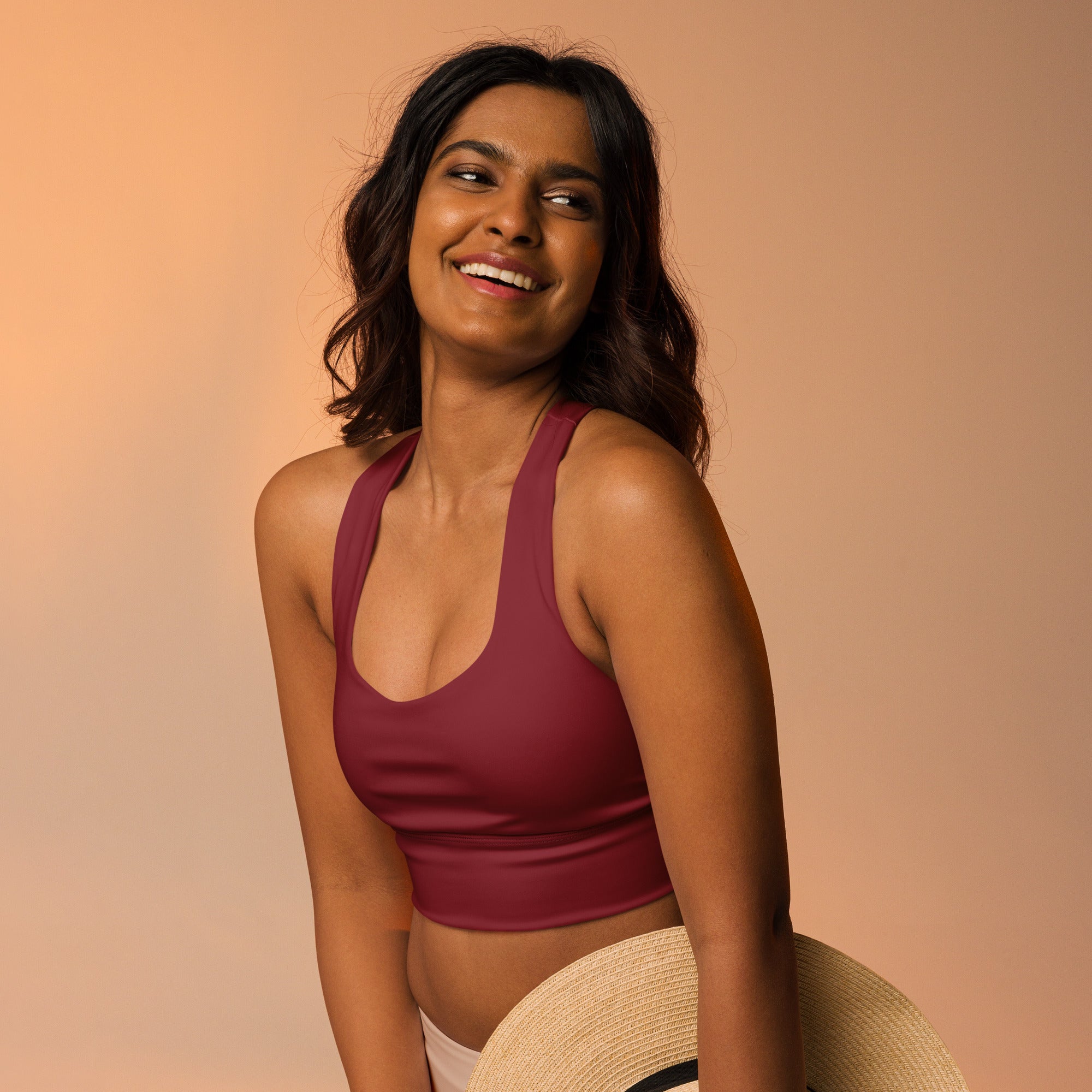 Women’s buttery soft deep red recycled longline sports bra with wide straps and rounded neckline for high intensity support