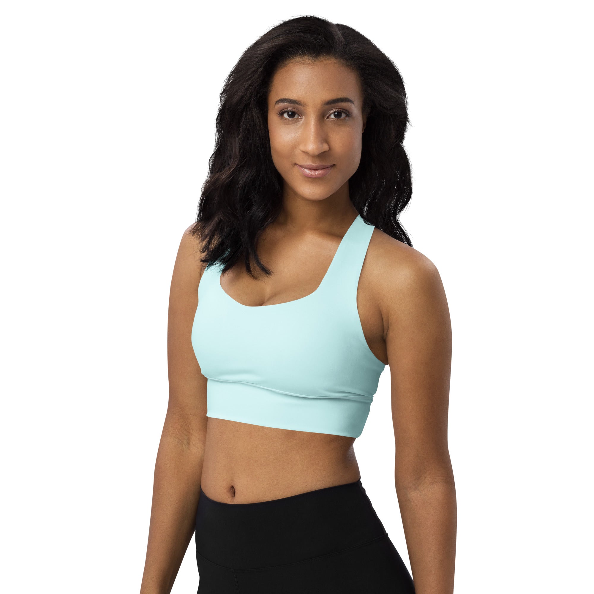 Light blue seamless racerback sports bra with high intensity support quick dry removable padding upf 50+